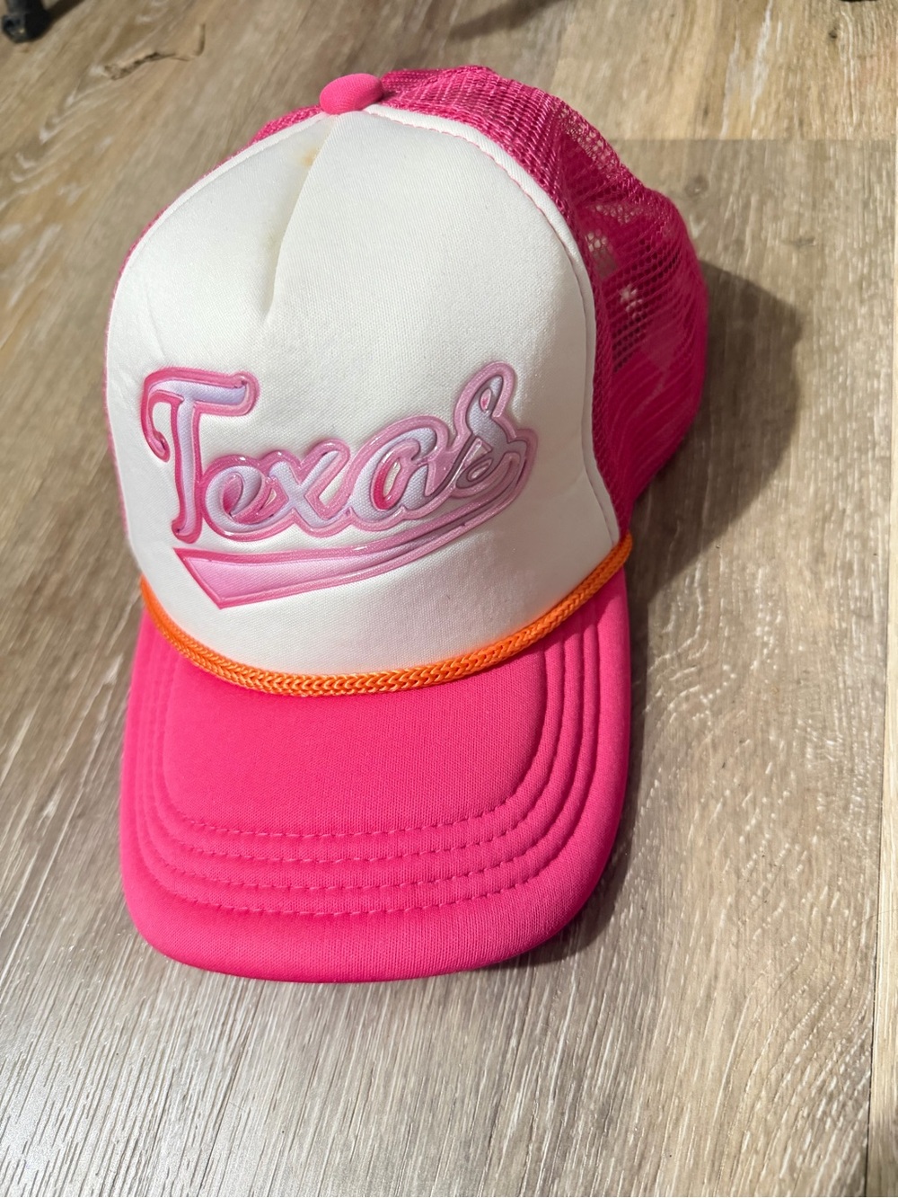 Texas Script Trucker Hat in Hot Pink and White